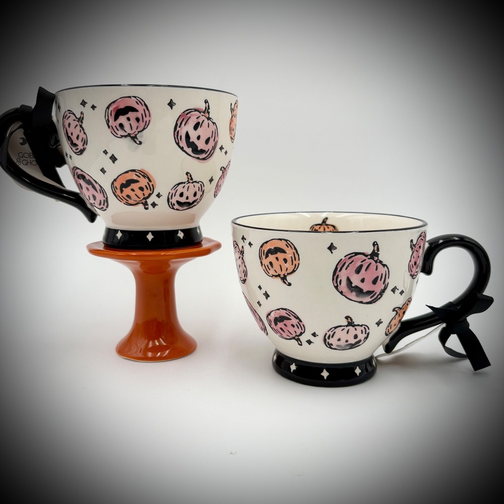 POTTERS‎ STUDIO Halloween Mugs Set Pumpkin Pedestal Coffee Tea Cup Decor NEW